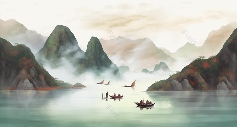新中式彩色水墨山水画云雾环绕的山峰群山之中的湖泊上几艘小船缓缓驶在平静的水面,插画/手绘图,插画/手绘图库,插画/手绘图下载,插画/手绘